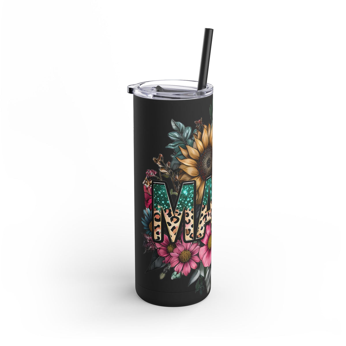 Skinny Matte Tumbler – Floral Leopard Initial 'M' 20oz, Personalized Water Bottle