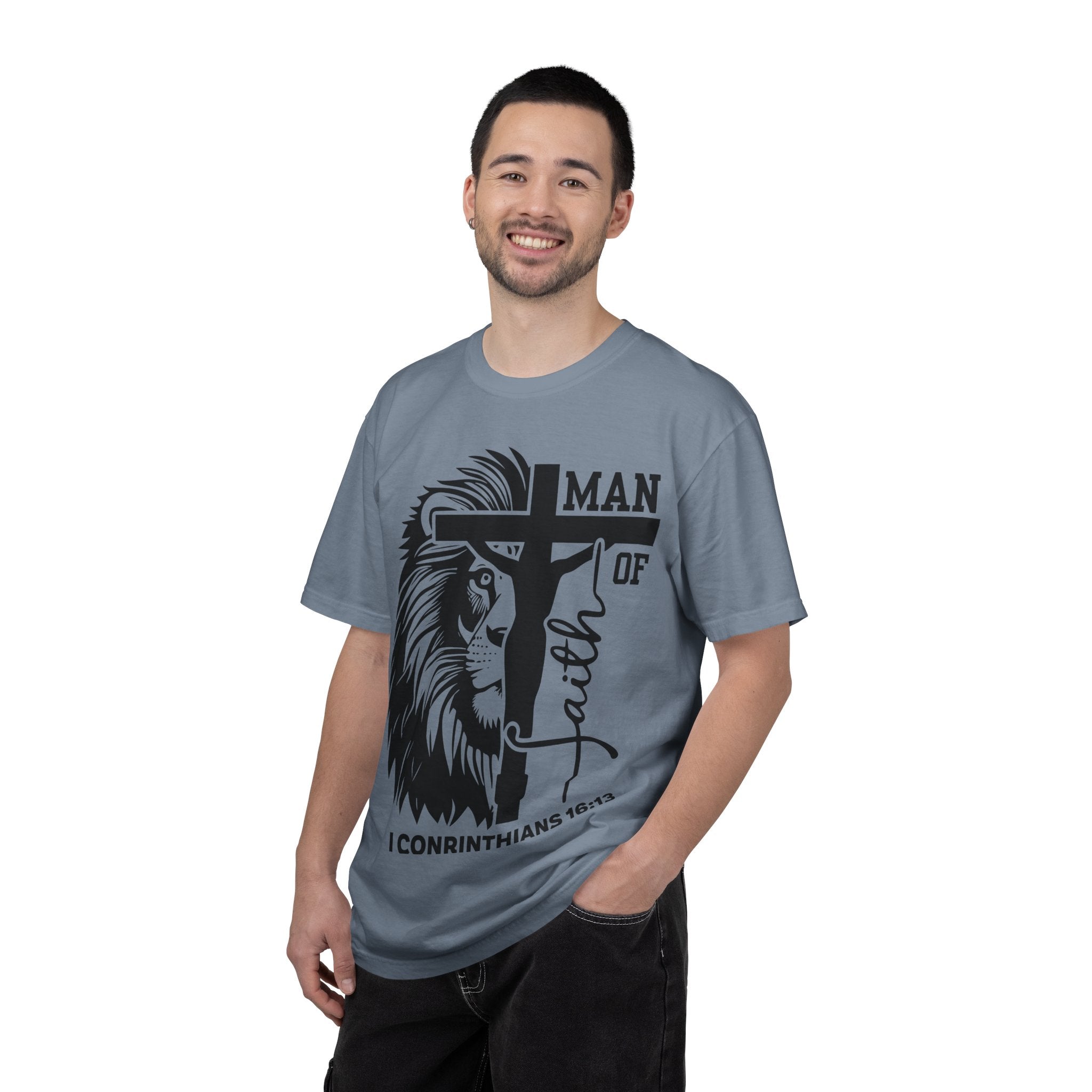 Man of Faith T-Shirt — Lion & Cross 1 Corinthians 16:13 Christian Tee