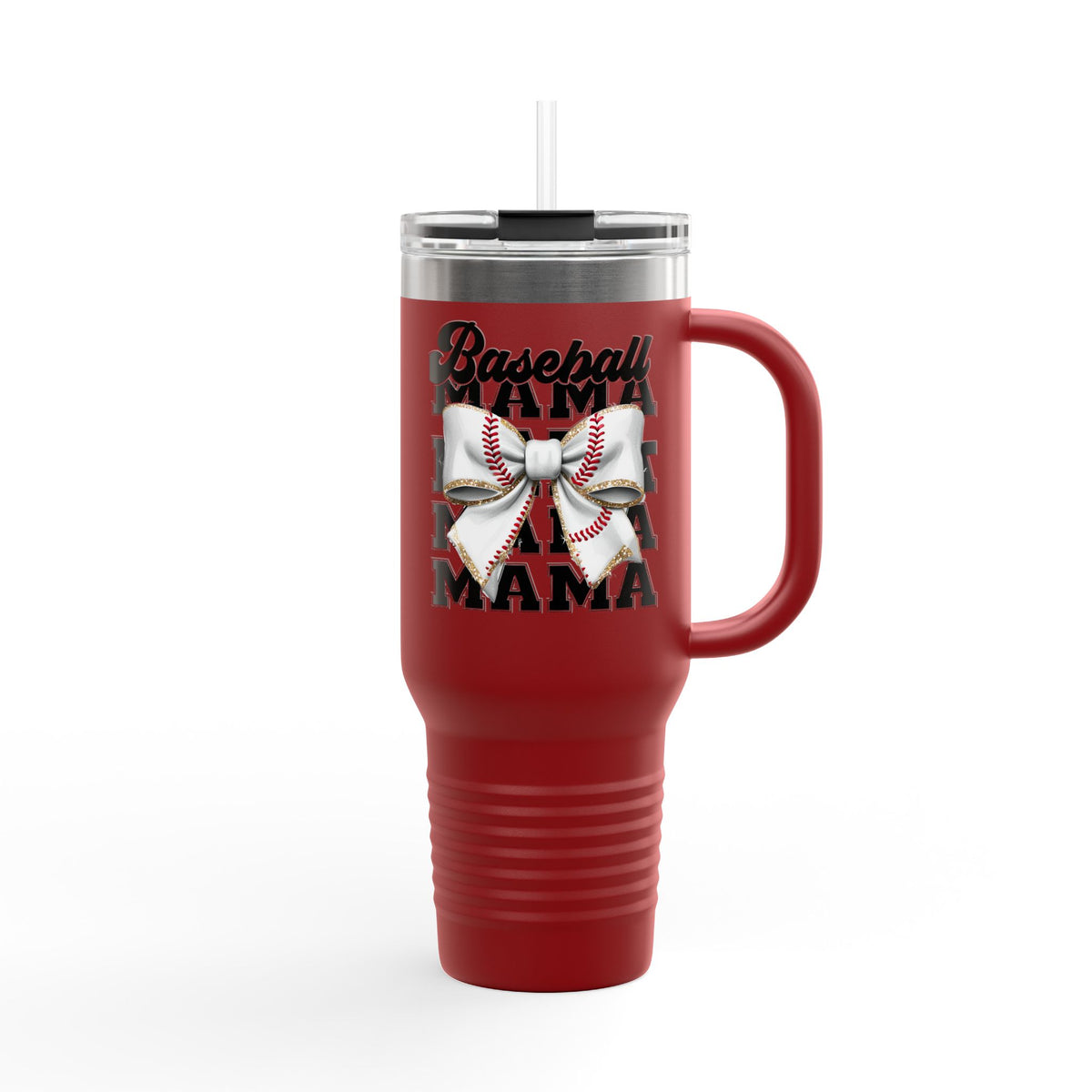 Baseball Mama 40oz Insulated Travel Mug – White Stainless Steel Tumbler with Straw