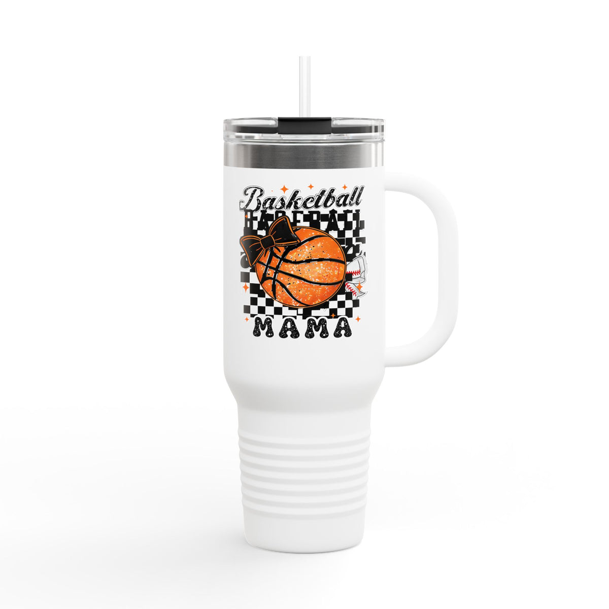 Basketball Mama 40oz Insulated Travel Mug — Checkered Court Design
