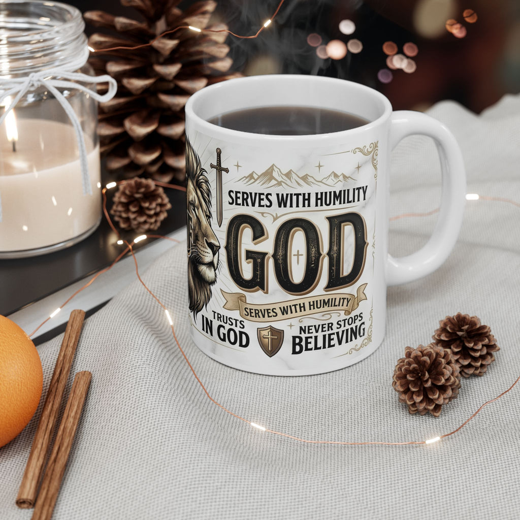 Lion Ceramic Mug — Faith-Based Inspirational Coffee Cup 11 oz