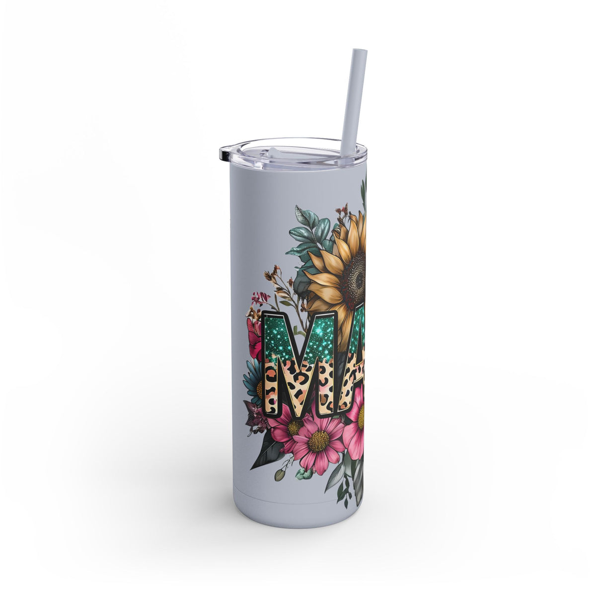 Skinny Matte Tumbler – Floral Leopard Initial 'M' 20oz, Personalized Water Bottle