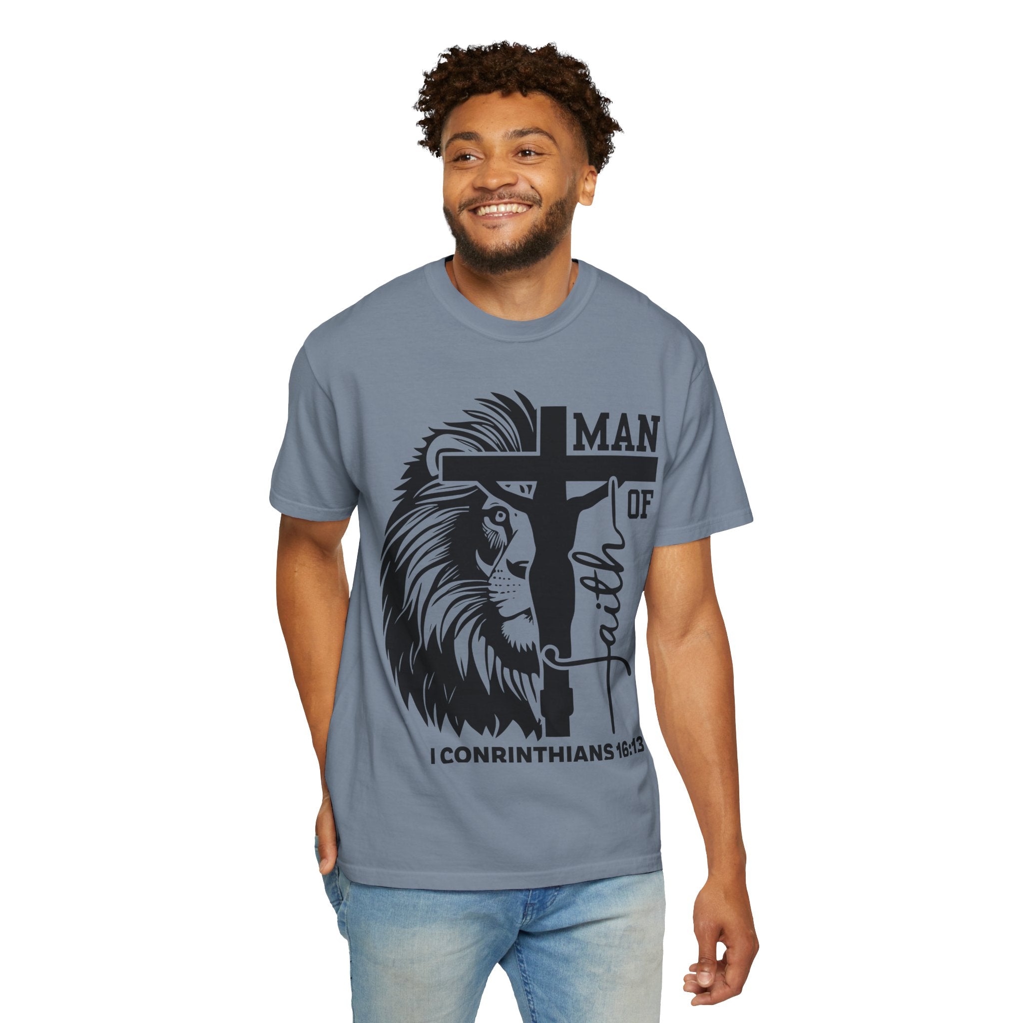Man of Faith T-Shirt — Lion & Cross 1 Corinthians 16:13 Christian Tee