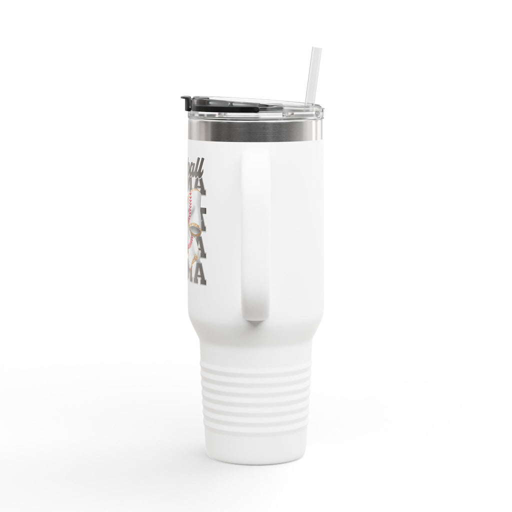 Baseball Mama 40oz Insulated Travel Mug – White Stainless Steel Tumbler with Straw