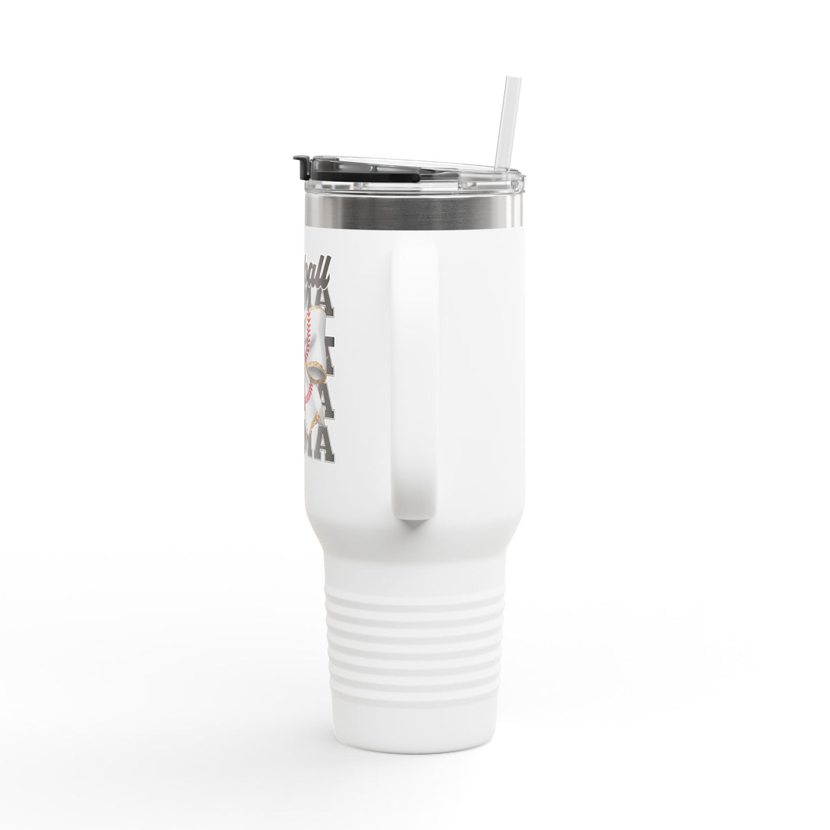 Baseball Mama 40oz Insulated Travel Mug – White Stainless Steel Tumbler with Straw