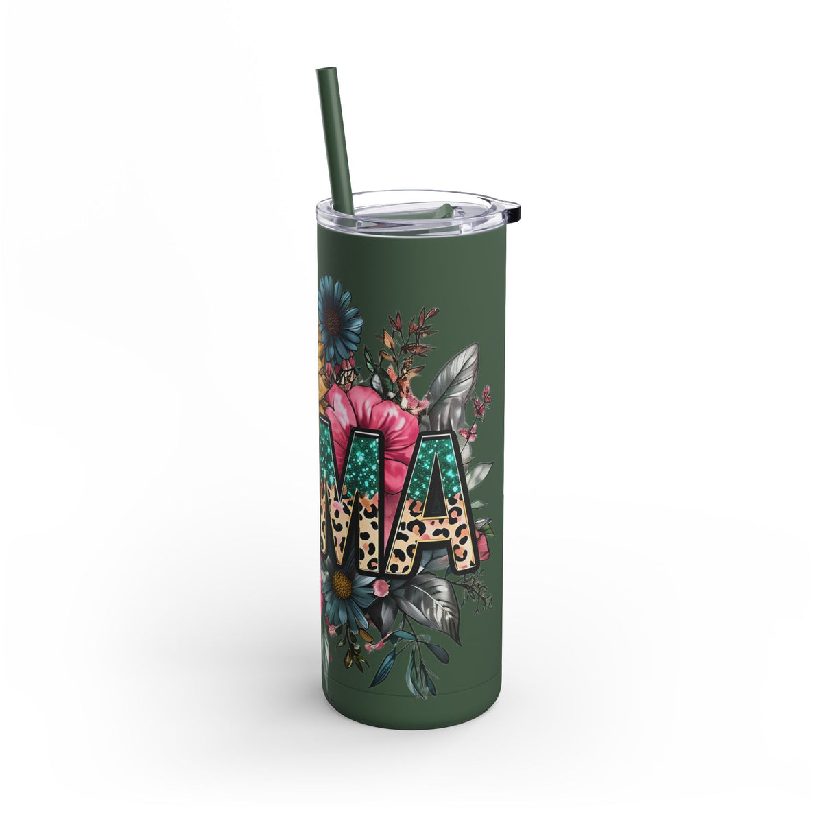 Skinny Matte Tumbler – Floral Leopard Initial 'M' 20oz, Personalized Water Bottle