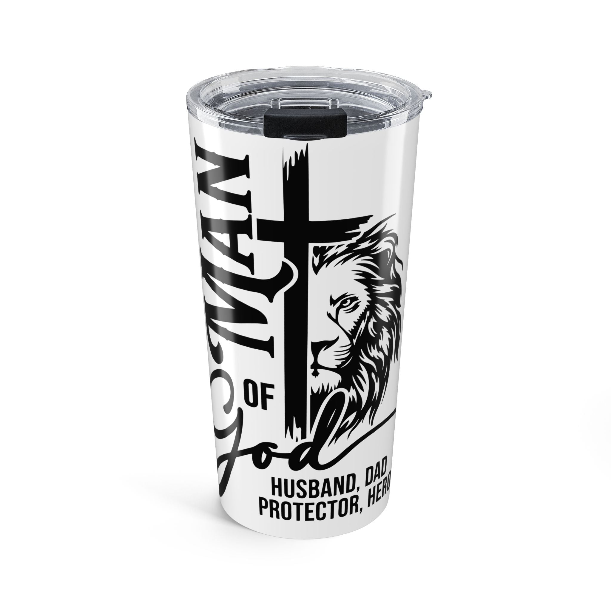Man of God 20oz Tumbler — Lion & Cross Faith Travel Mug (Husband, Dad, Protector)