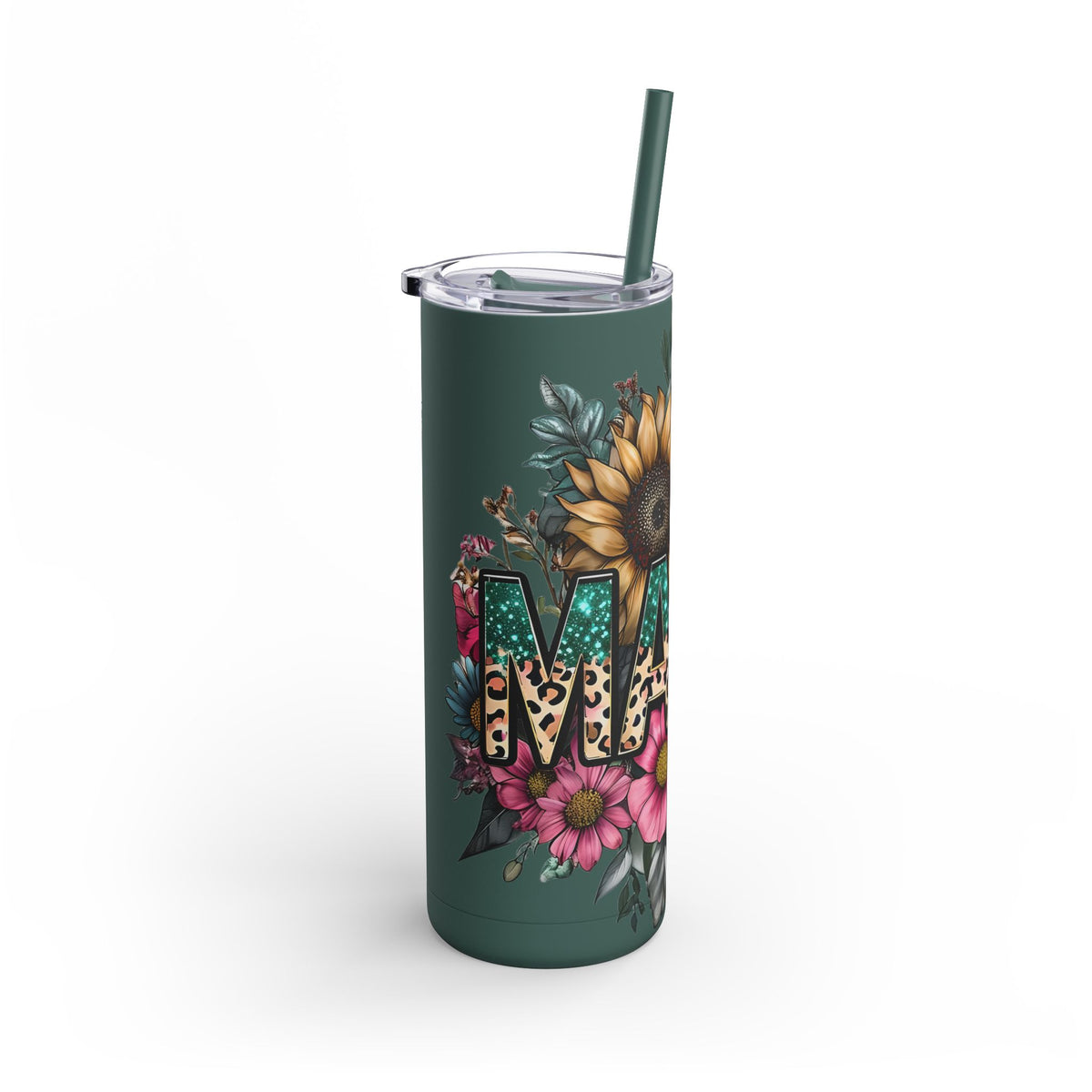 Skinny Matte Tumbler – Floral Leopard Initial 'M' 20oz, Personalized Water Bottle