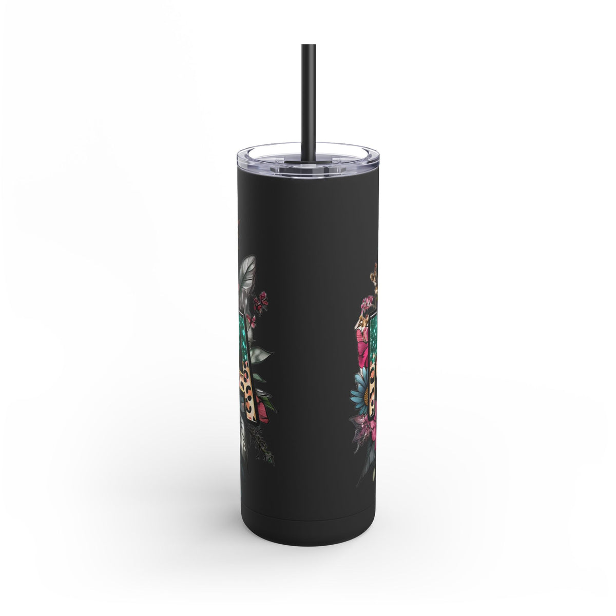 Skinny Matte Tumbler – Floral Leopard Initial 'M' 20oz, Personalized Water Bottle