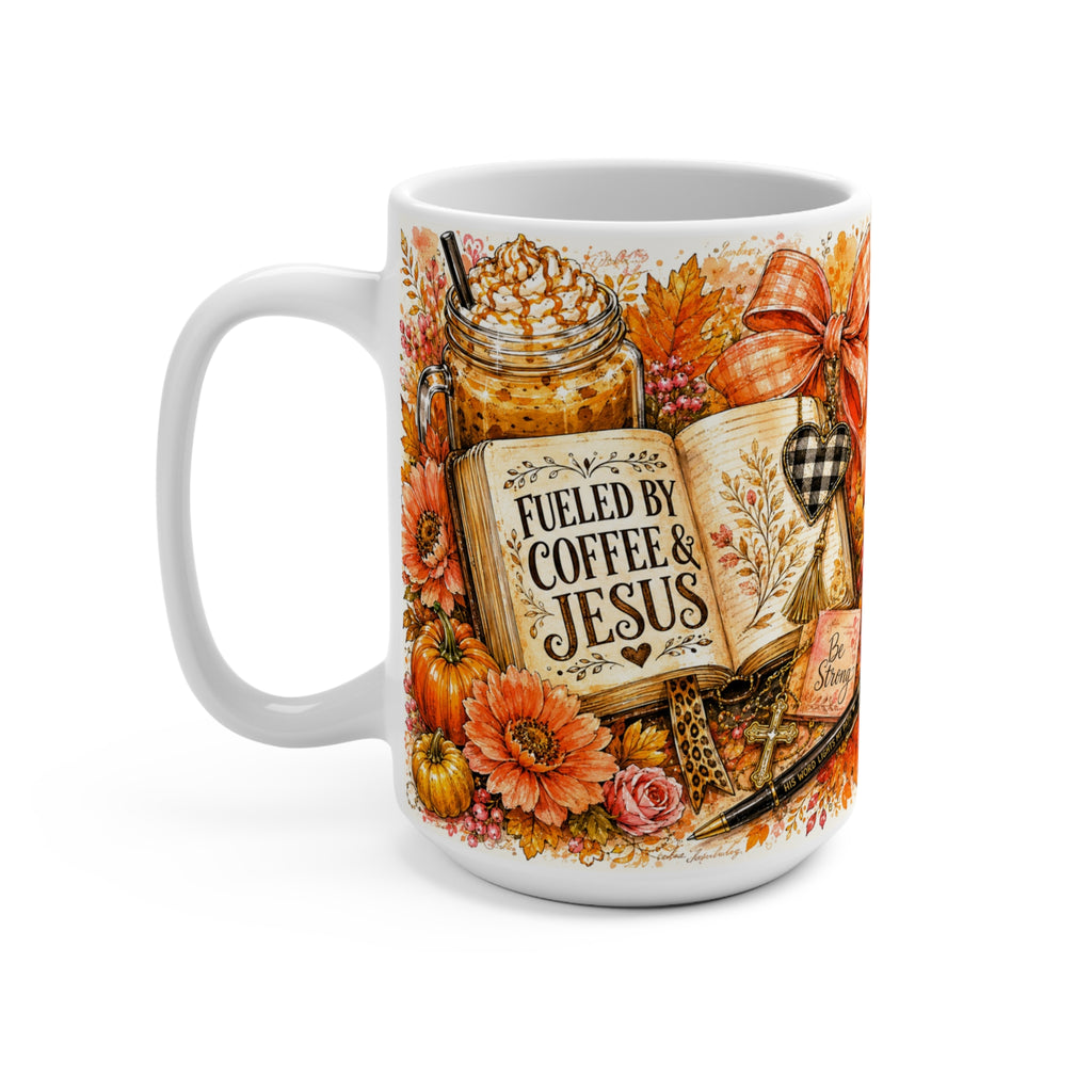Coffee & Jesus 15oz Ceramic Mug — Autumn Floral Faith Gift
