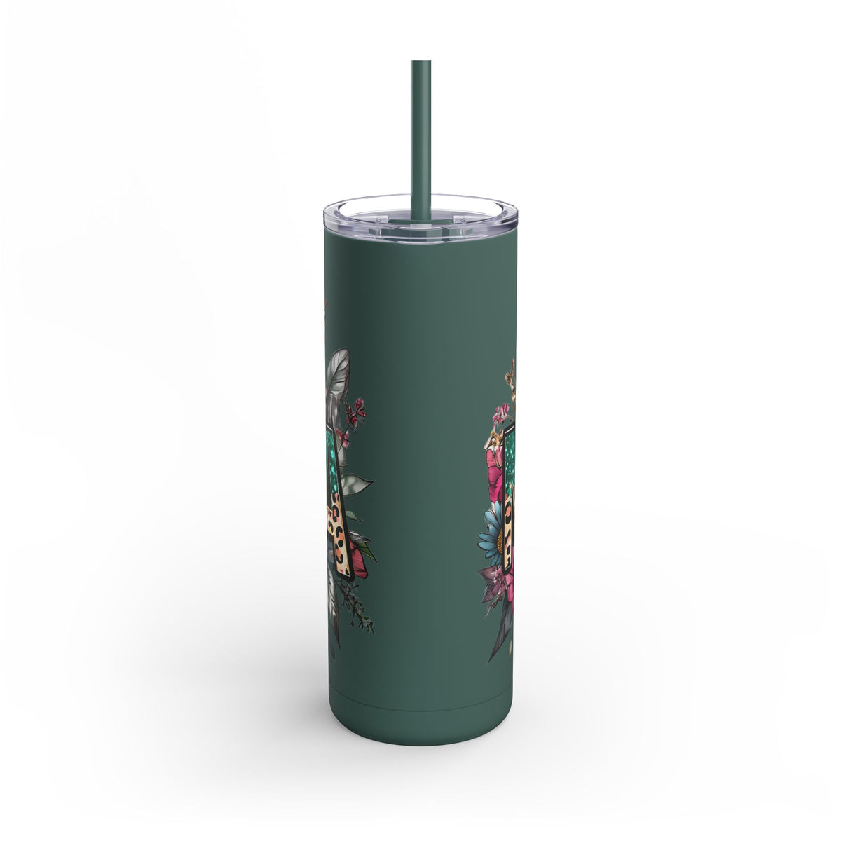 Skinny Matte Tumbler – Floral Leopard Initial 'M' 20oz, Personalized Water Bottle
