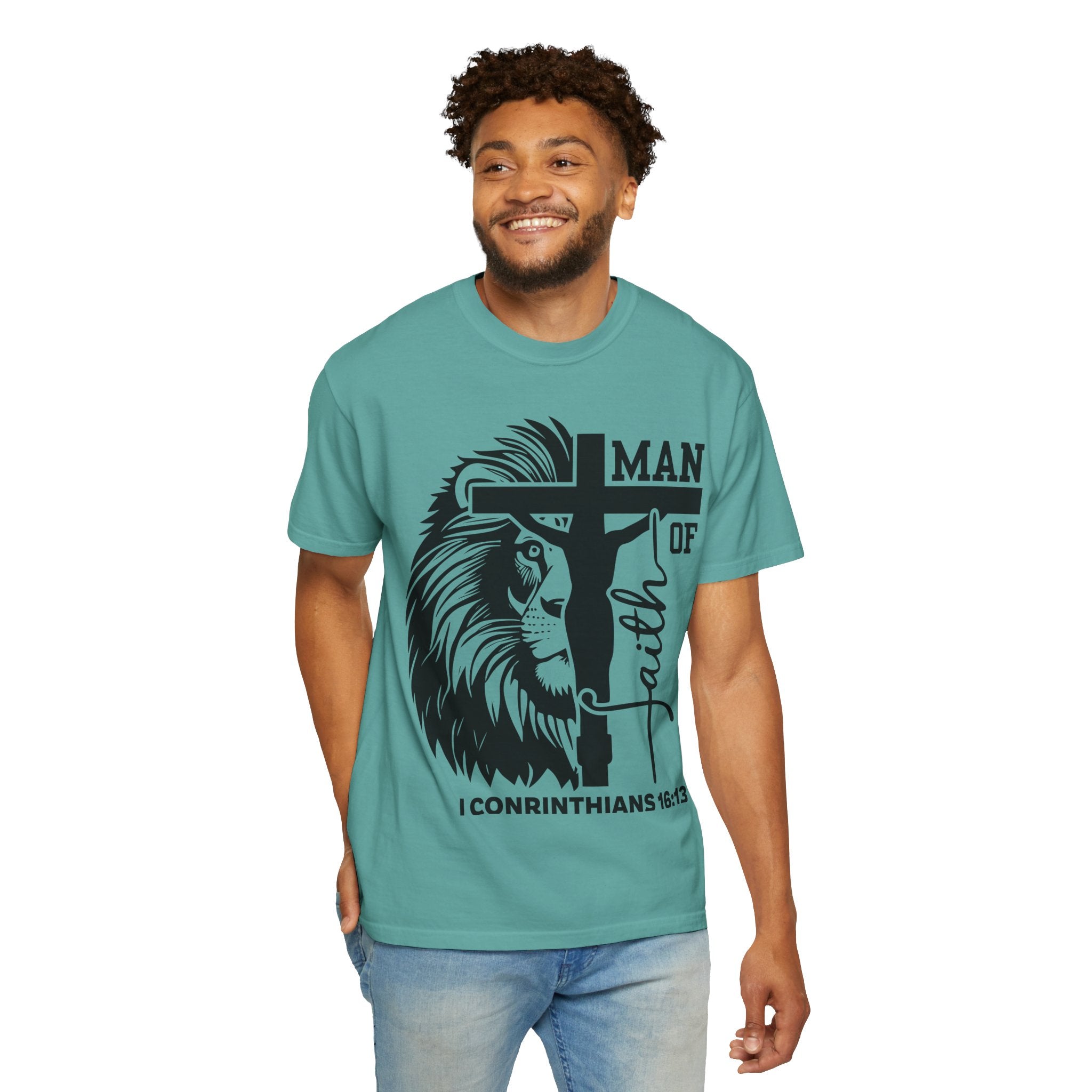 Man of Faith T-Shirt — Lion & Cross 1 Corinthians 16:13 Christian Tee