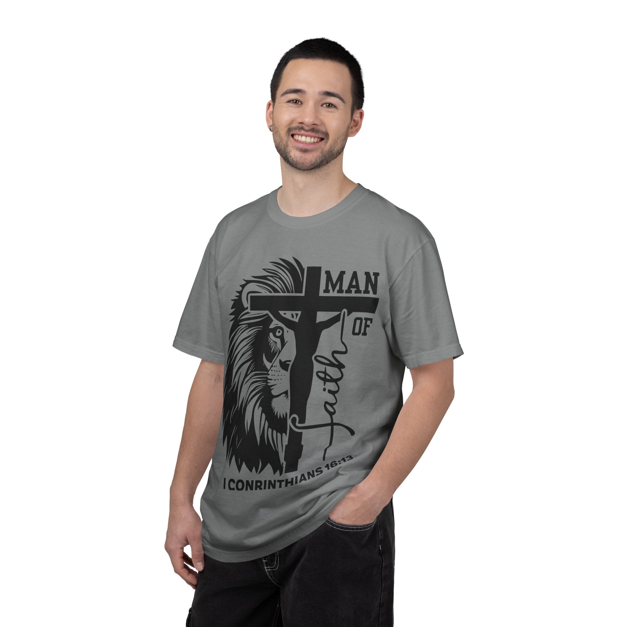 Man of Faith T-Shirt — Lion & Cross 1 Corinthians 16:13 Christian Tee