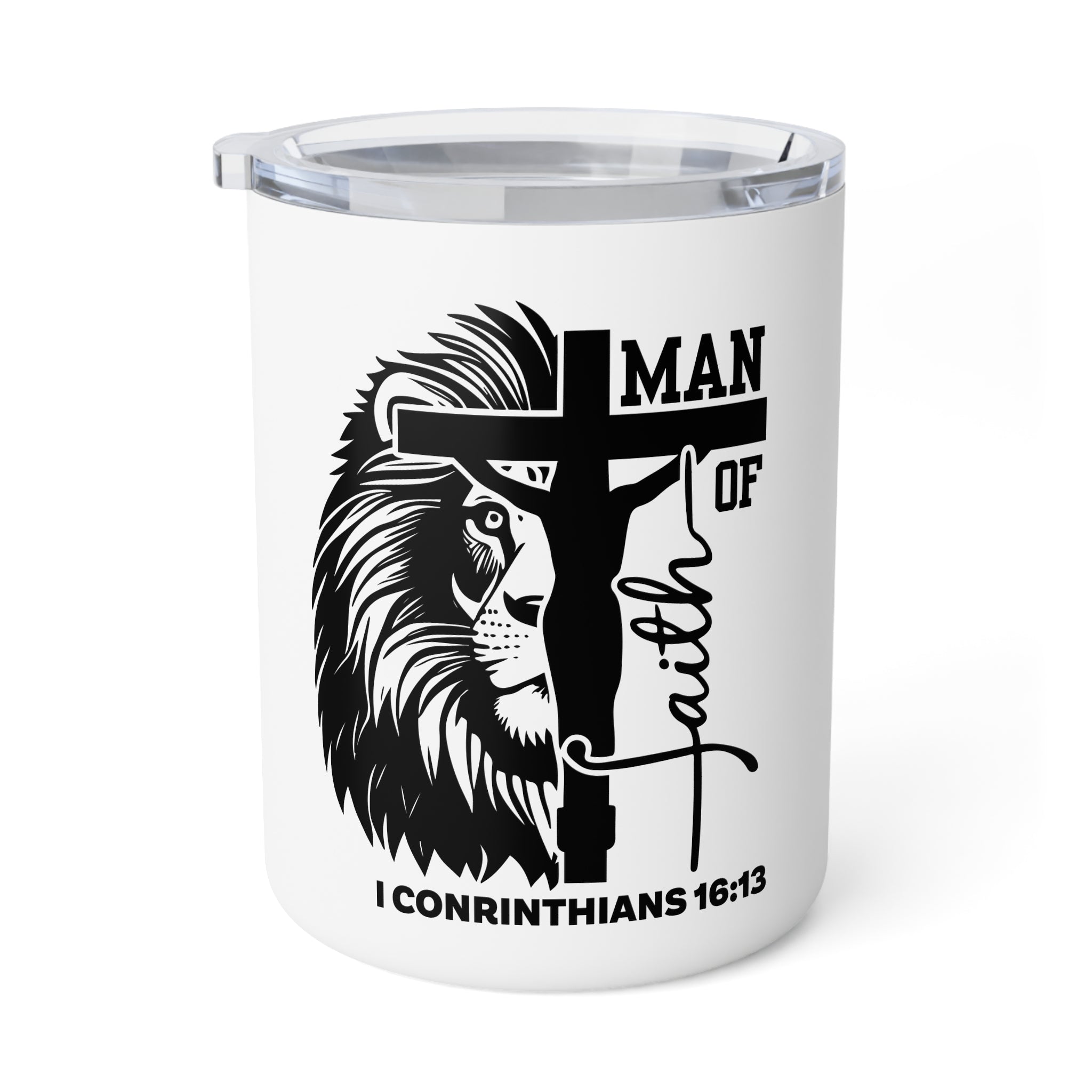 Insulated Mug — "Man of Faith" Lion & Cross | 1 Corinthians 16:13 Travel Coffee Tumbler