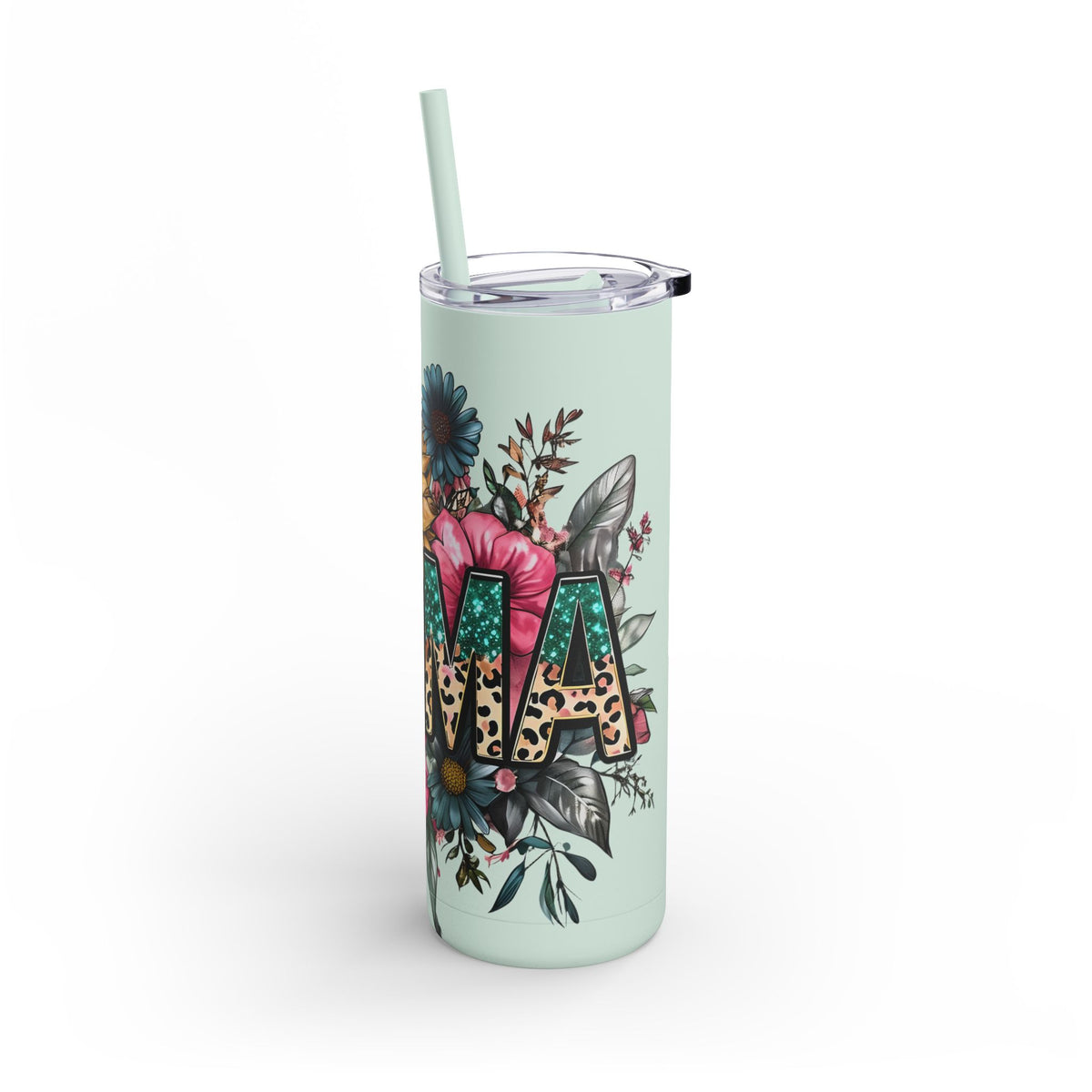 Skinny Matte Tumbler – Floral Leopard Initial 'M' 20oz, Personalized Water Bottle
