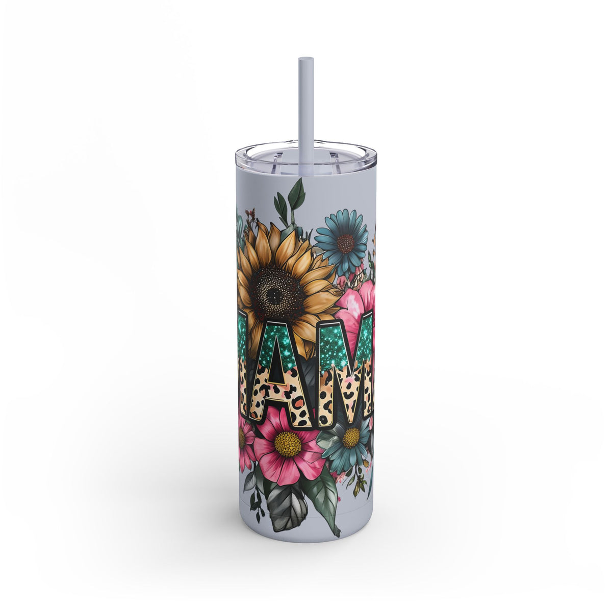 Skinny Matte Tumbler – Floral Leopard Initial 'M' 20oz, Personalized Water Bottle