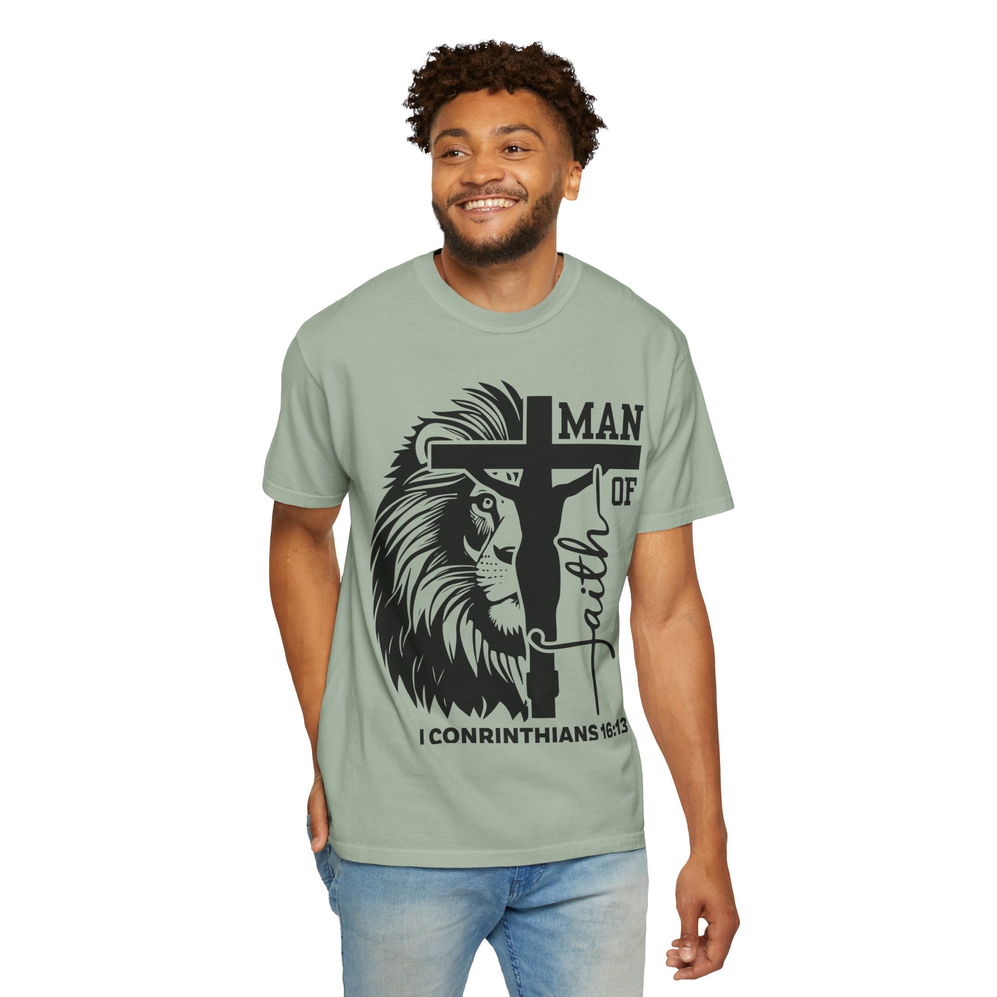Man of Faith T-Shirt — Lion & Cross 1 Corinthians 16:13 Christian Tee