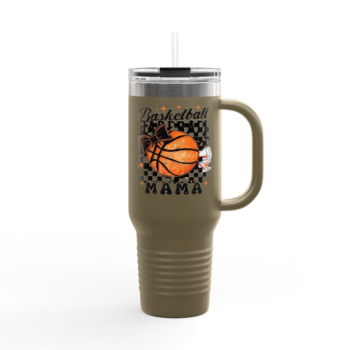 Basketball Mama 40oz Insulated Travel Mug — Checkered Court Design
