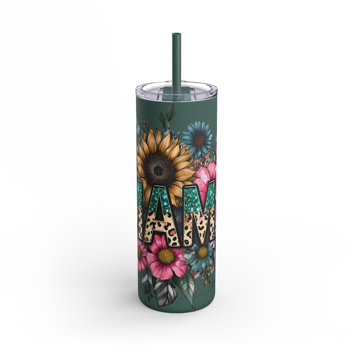 Skinny Matte Tumbler – Floral Leopard Initial 'M' 20oz, Personalized Water Bottle