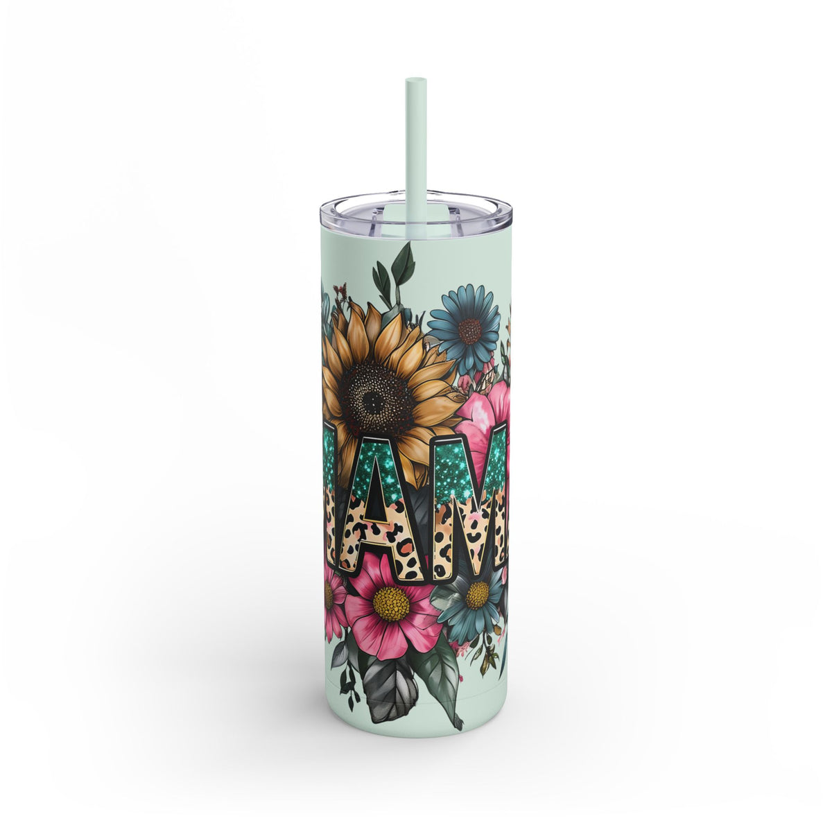 Skinny Matte Tumbler – Floral Leopard Initial 'M' 20oz, Personalized Water Bottle