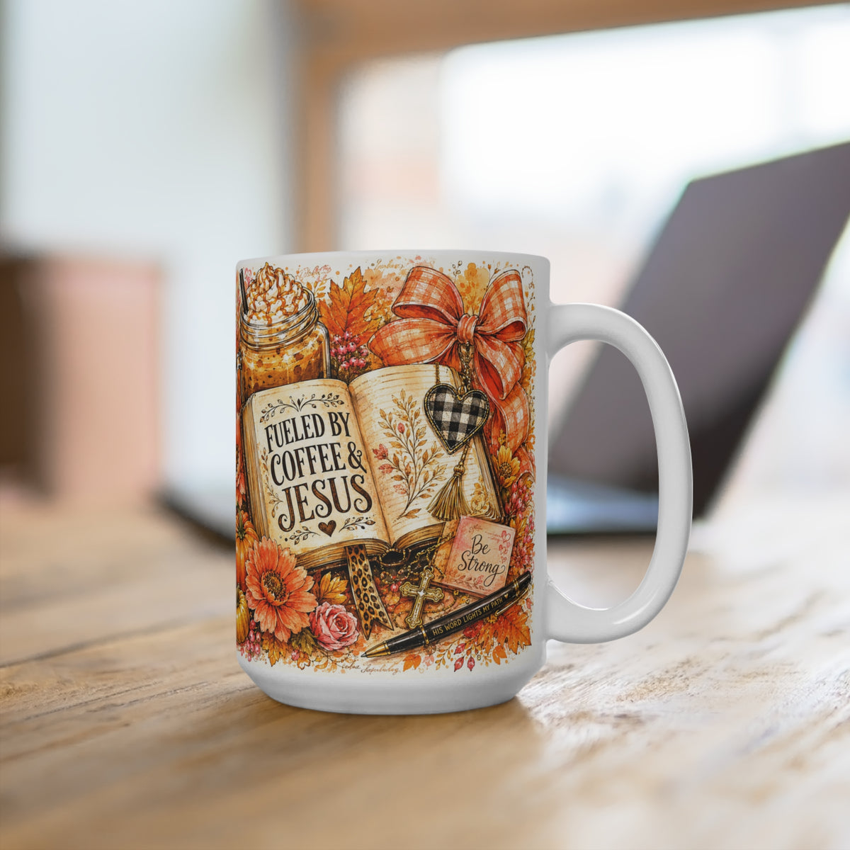 Coffee & Jesus 15oz Ceramic Mug — Autumn Floral Faith Gift