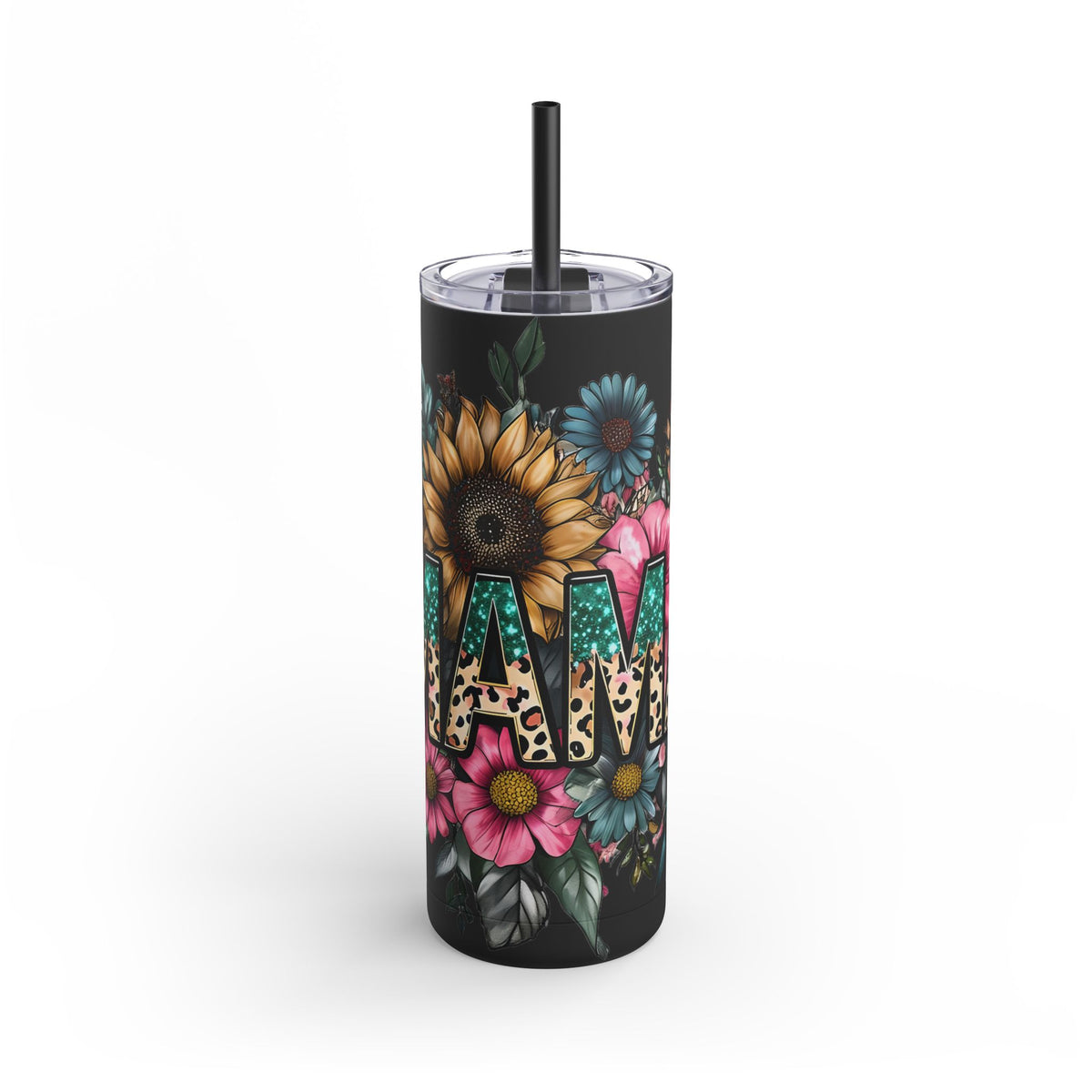 Skinny Matte Tumbler – Floral Leopard Initial 'M' 20oz, Personalized Water Bottle