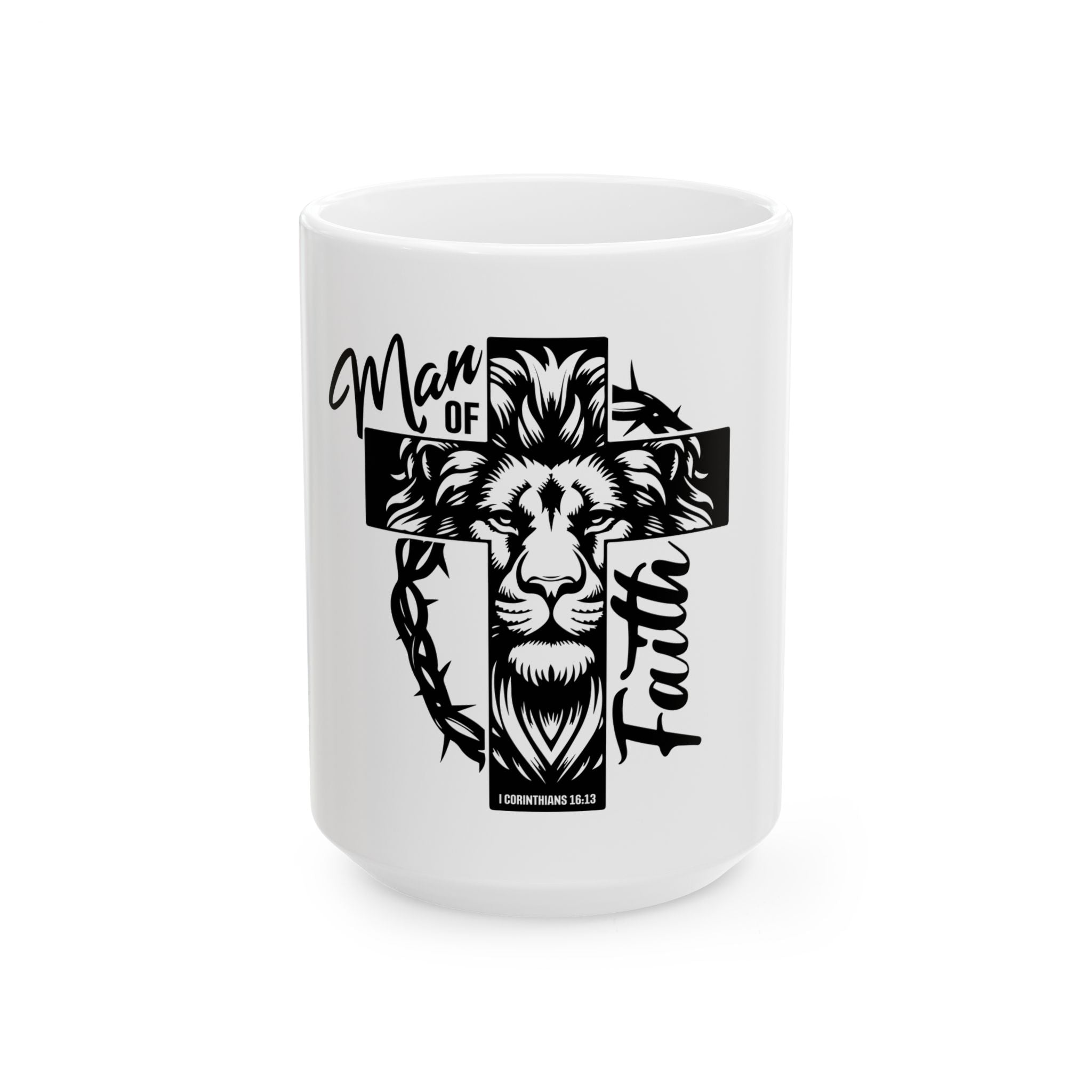 Man of Faith Ceramic Mug — Lion Cross Design (11oz & 15oz)