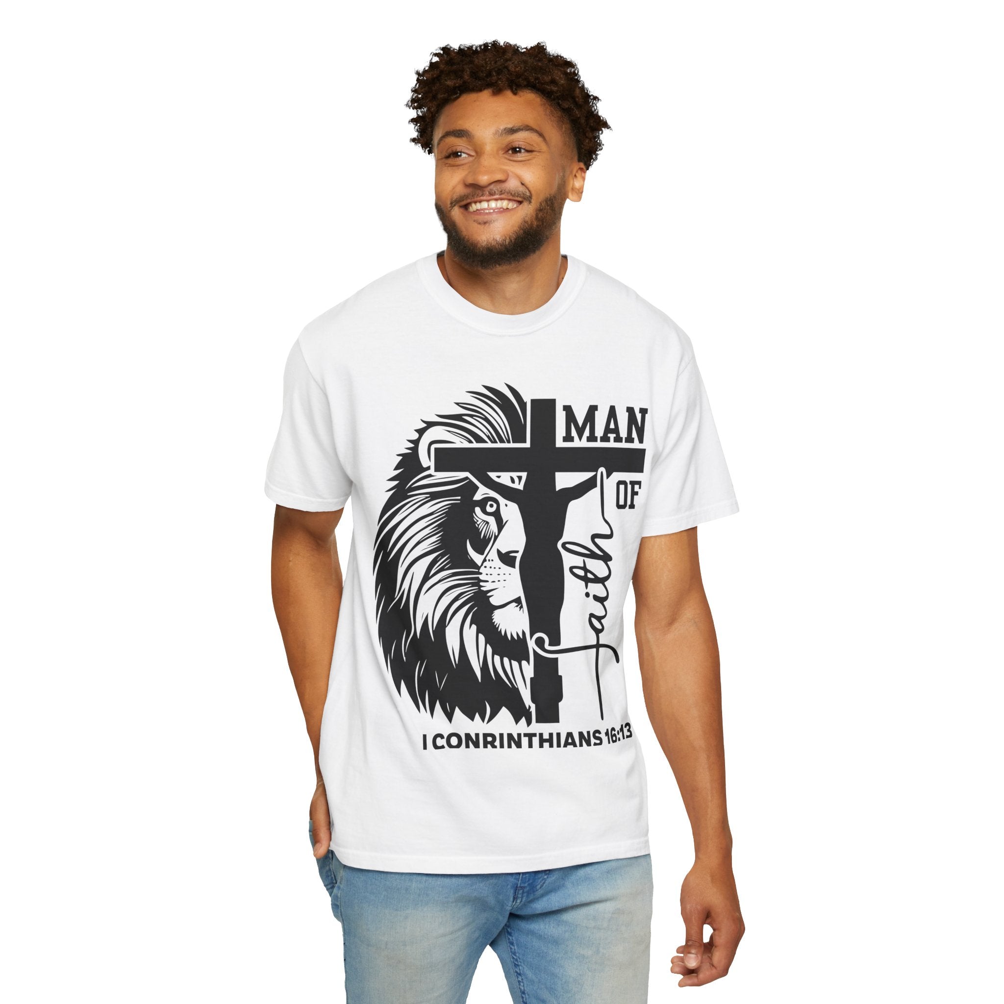 Man of Faith T-Shirt — Lion & Cross 1 Corinthians 16:13 Christian Tee