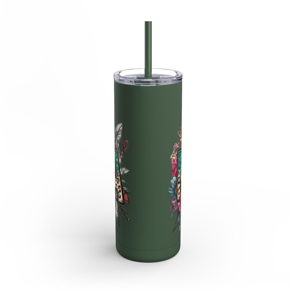 Skinny Matte Tumbler – Floral Leopard Initial 'M' 20oz, Personalized Water Bottle