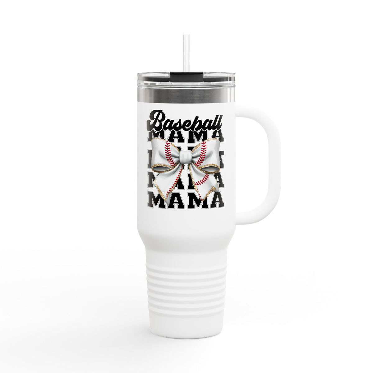 Baseball Mama 40oz Insulated Travel Mug – White Stainless Steel Tumbler with Straw