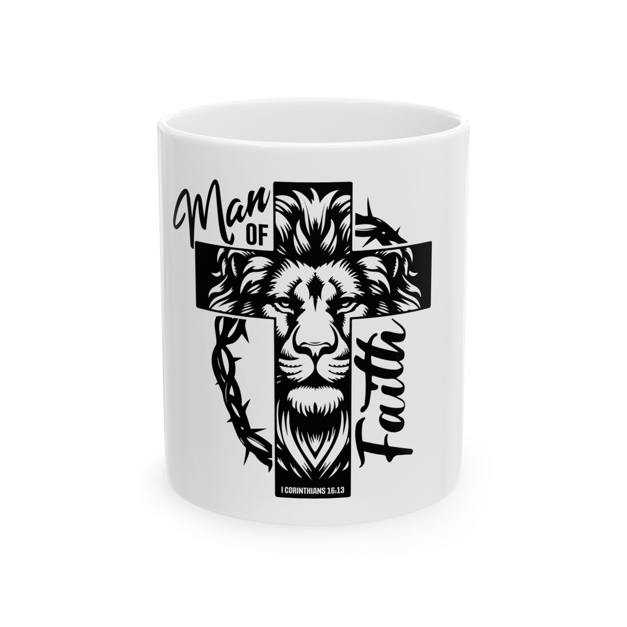 Man of Faith Ceramic Mug — Lion Cross Design (11oz & 15oz)