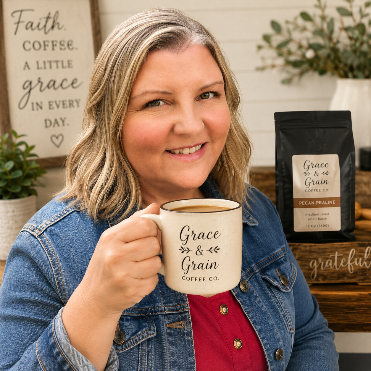 Teresa holding a Grace and Grain coffee mug