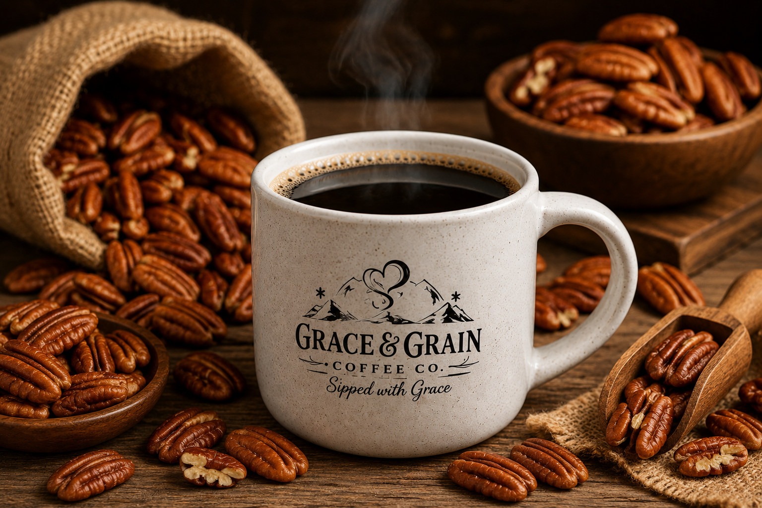 Grace and Grain branded mug with pecans